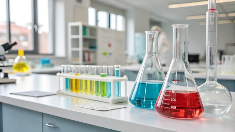 A clean laboratory with glass vials on a table