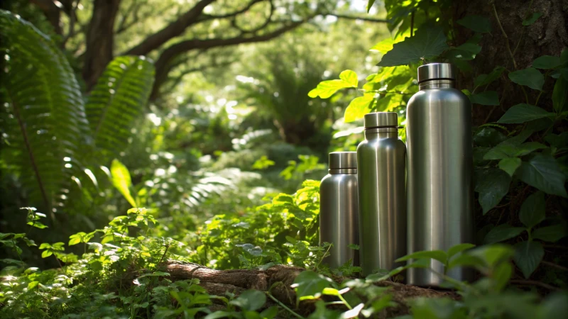 Aluminum bottles surrounded by green foliage