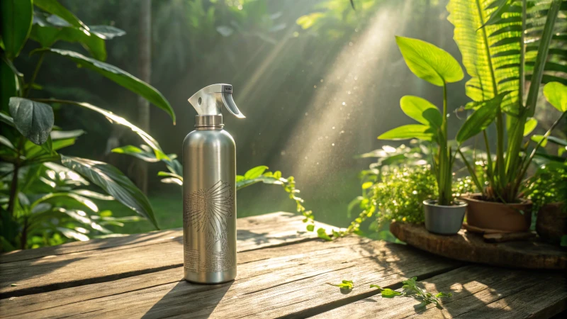 A shiny aluminum spray bottle on a wooden table surrounded by green plants.