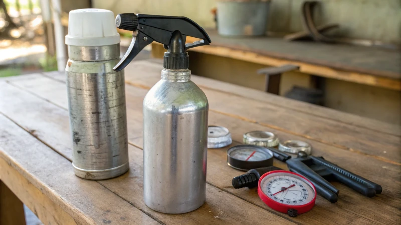 Close-up of aluminum and plastic spray bottles on wooden surface