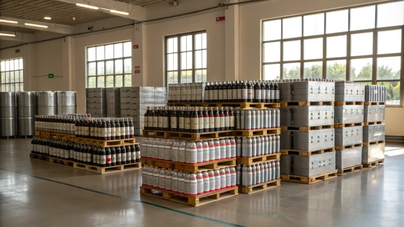 Interior view of a warehouse filled with aluminum bottles on wooden pallets